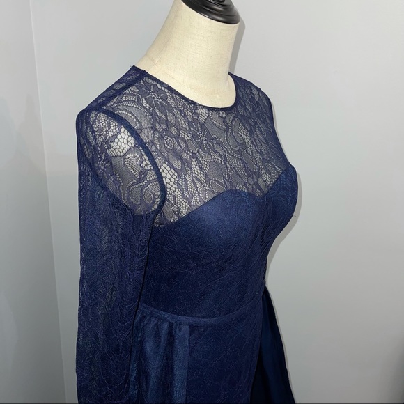 # Mac Duggal Long Sleeve Lace Column Gown With Overskirt - Picture 15 of 16